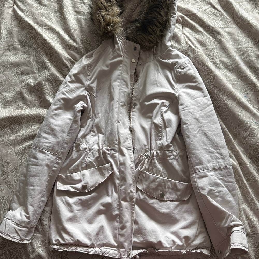 H&M Off-White Utility Jacket with Fur Hood